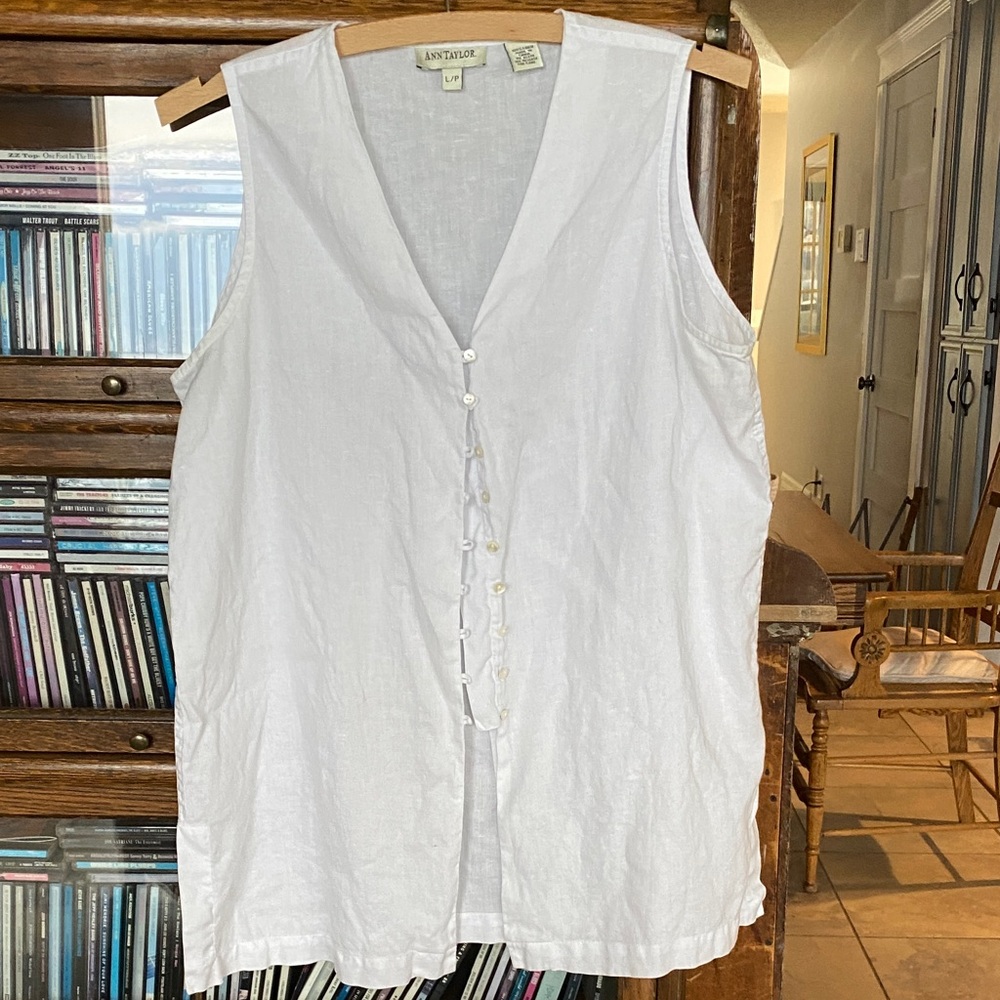 Bright White ANN TAYLOR Linen Short-Sleeve Button-Down Tunic Style Top Size L/P